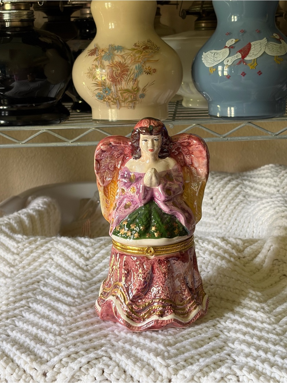 Hand-Painted Ceramic Angel Trinket Box - Pink, Green, Gold Accents